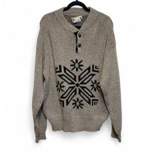 VTG London Fog Mens L Sweater Oversize‎ Snowflake Ski Pullover Leather Buttons